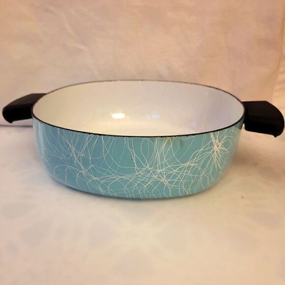 Vintage MCM 1950's "Serendipity" Turq/Black/Wht Spaghetti Drizzle 8" Dutch Oven - Picture 1 of 6